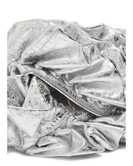 Dries Van Noten Gray Ruffled Crinkled Metallic Leather Clutch