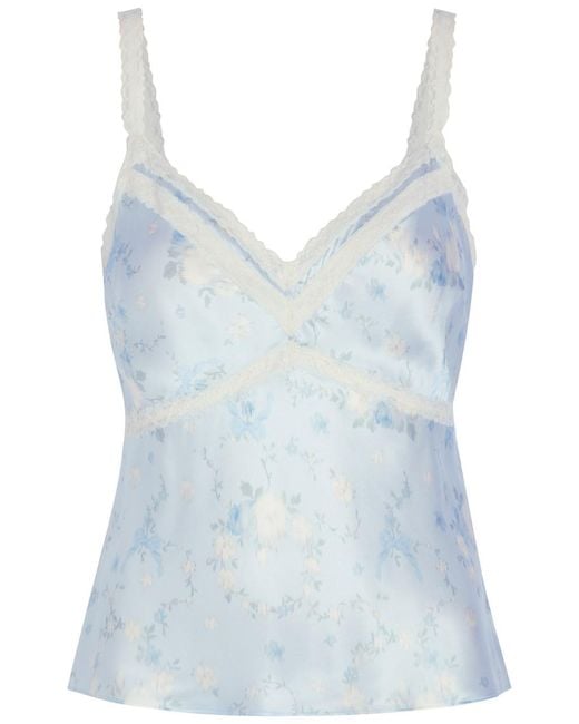LoveShackFancy Blue Lirena Floral-Print Silk Cami Top