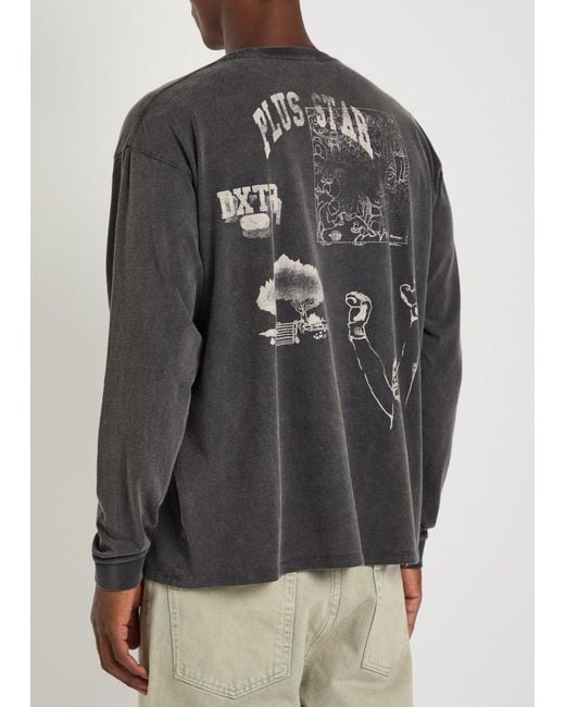 Duke & Dexter Gray Sketch Printed Long Sleeve Cotton T-Shirt for men