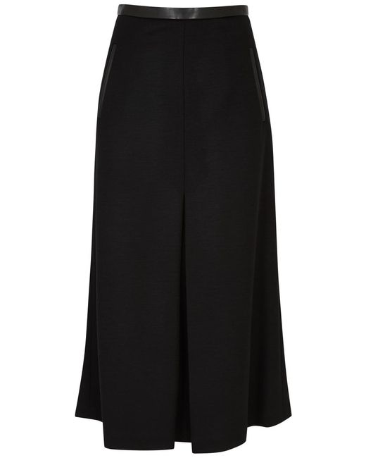 Saint Laurent Black Leather-trimmed Wool-blend Midi Skirt