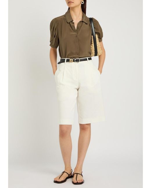 FRAME Brown The Silk Prim Cropped Silk-Chiffon Blouse
