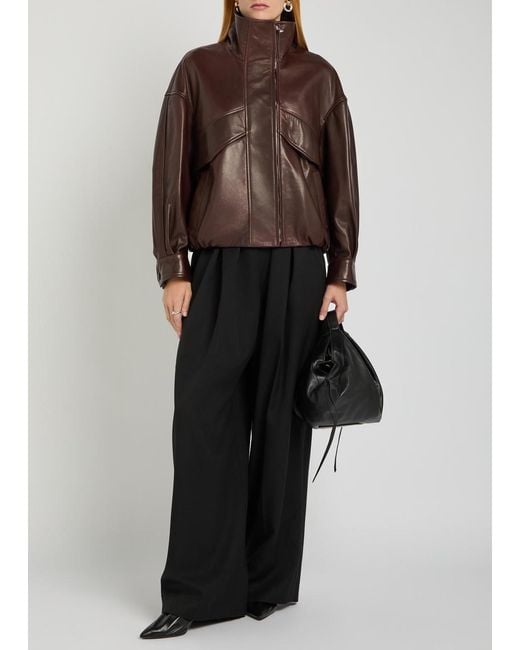 Nour Hammour Brown Roland Funnel-Neck Panelled Leather Jacket