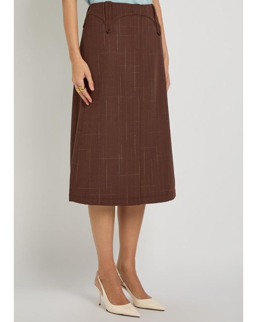 Tory Burch Brown Subtle-Check Wool-Blend Midi Skirt