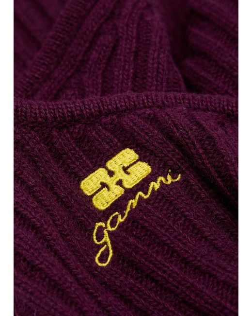 Ganni Purple Core Future Logo-Embroidered Wool-Blend Balaclava