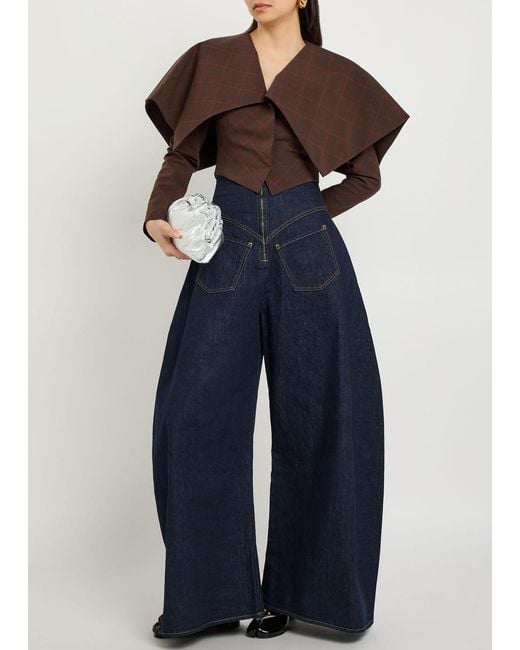 A.W.A.K.E. MODE Brown Oversized-Collar Checked Cropped Jacket