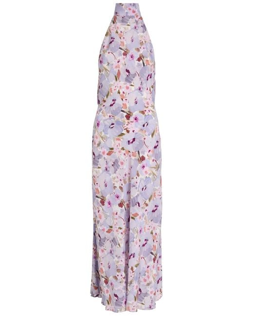 Balmain Purple Poppy Floral-Print Silk Midi Dress