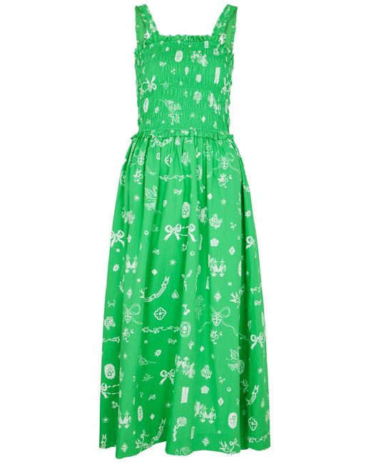 Damson Madder Green Kiera Printed Cotton Midi Dress