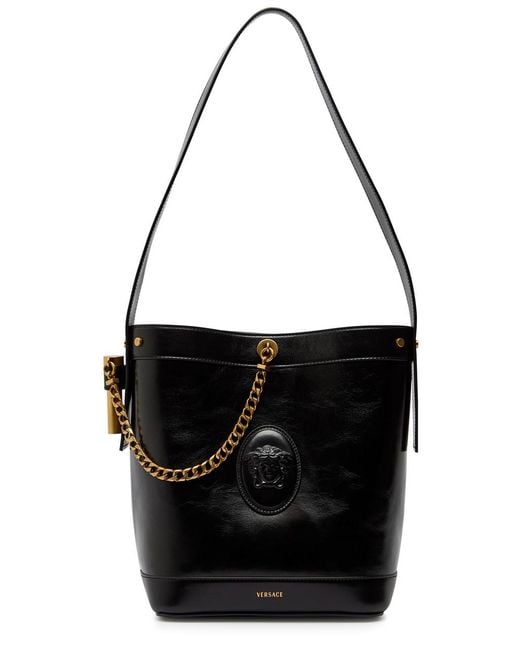 Versace Black Chain Small Leather Bucket Bag