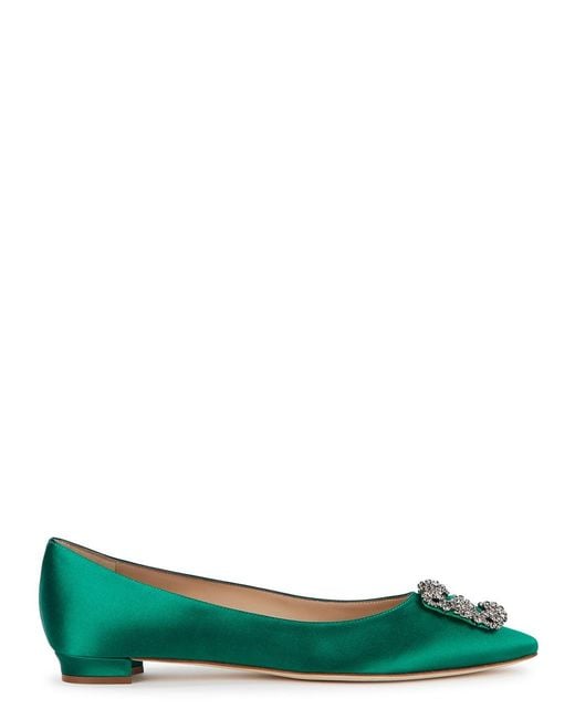 Manolo Blahnik Green Hangisi 10 Silk-Satin Flats