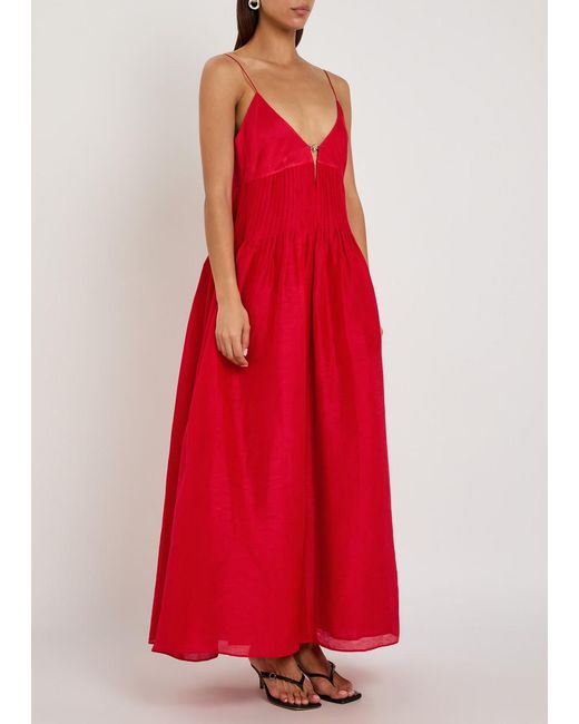 Tory Burch Red Pleated Linen And Silk-Blend Maxi Dress