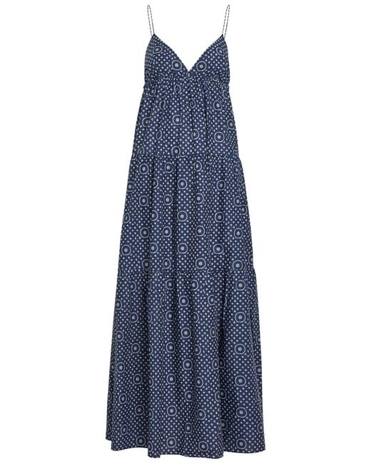 Matteau Blue Printed Tiered Cotton-Poplin Midi Sundress