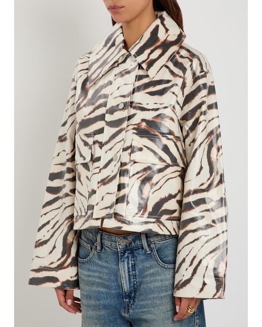 Ganni White Zebra-Print Laminated Barn Jacket