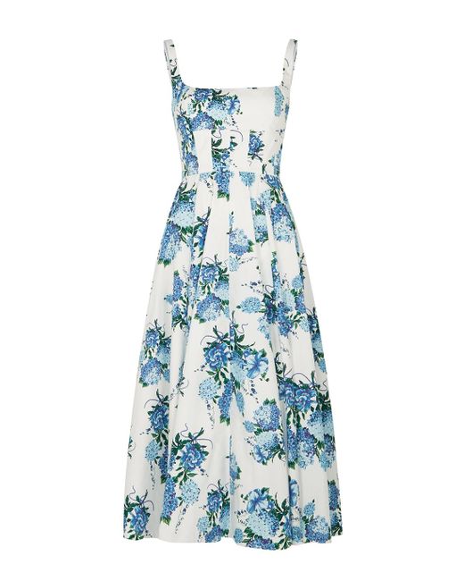 Emilia Wickstead Blue Mona Floral-print Cotton-poplin Midi Dress