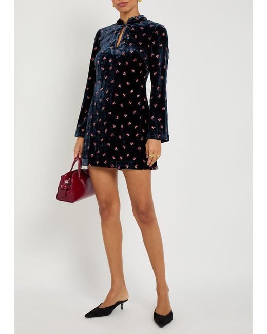 RIXO London Calla Floral-Embroidered Velvet Mini Dress in Blue | Lyst