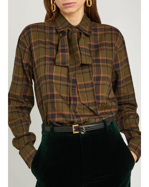 Saint Laurent Brown Checked Tie-Neck Cotton Shirt