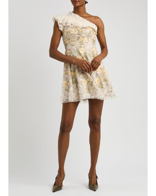 Needle & Thread White Florine One-Shoulder Embroidered Tulle Mini Dress