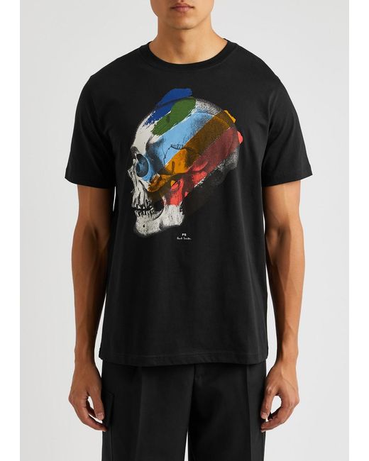 PS by Paul Smith Black Stripe Skull Printed Cotton T-shirt for men