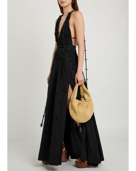 Caravana Black Bead Embellished Halterneck Cotton Maxi Dress