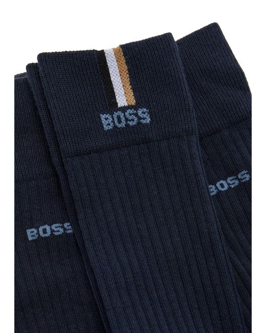 Boss Blue Ribbed Cotton-Blend Socks for men
