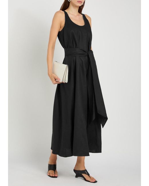 Another Tomorrow Black Belted Linen Midi Dress