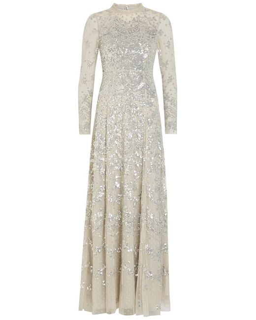 Needle & Thread White Freya Sequin-Embellished Tulle Gown