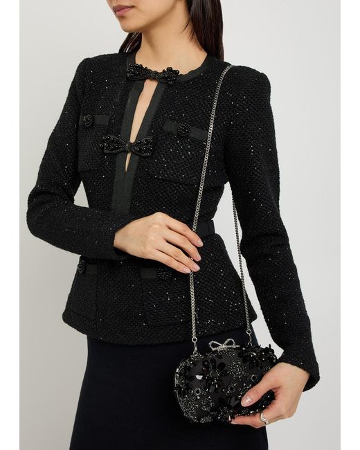 Self-Portrait Black Floral-Embellished Satin Box Clutch