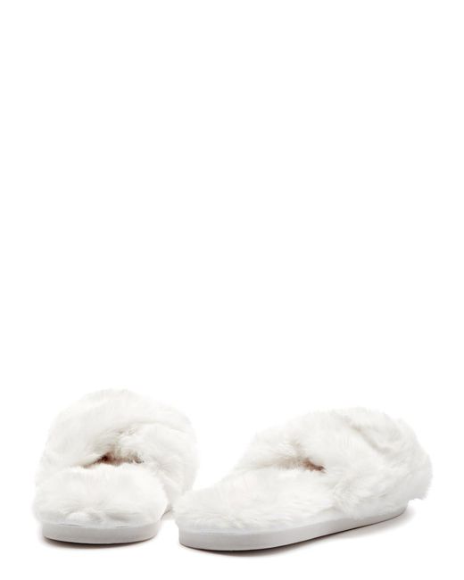 Eberjey White Plush Cross-over Faux Fur Slippers