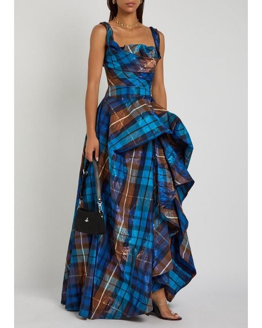 Vivienne Westwood Blue Long Chichi Tartan Gathered Woven Gown