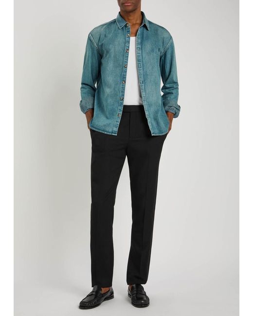 Saint Laurent Blue Logo-Embroidered Faded Denim Shirt for men