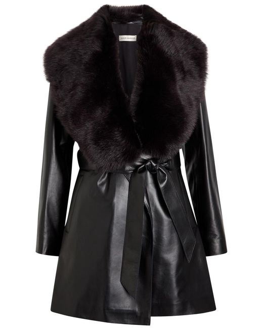 Nour Hammour Black Kelsey Fur-Trimmed Belted Leather Jacket