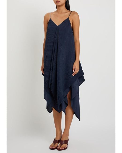 J.W. Anderson Blue Pleated Asymmetric Chiffon Midi Dress