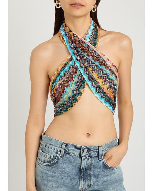 Missoni Blue Zigzag Fringed Fine-Knit Scarf
