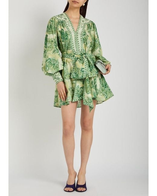 ALÉMAIS Green Sara Printed Cotton And Silk-Blend Mini Dress