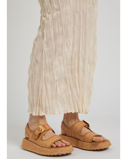 Tod's Brown Sandalo Leather-Trim Raffia Flatform Sandals