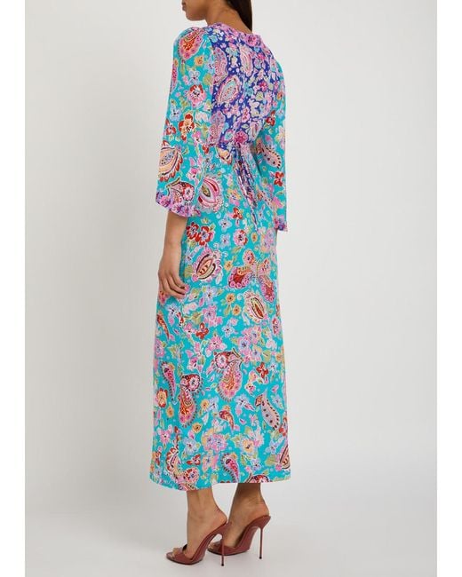 Rixo Blue Dahlia Floral-Print Silk Midi Dress