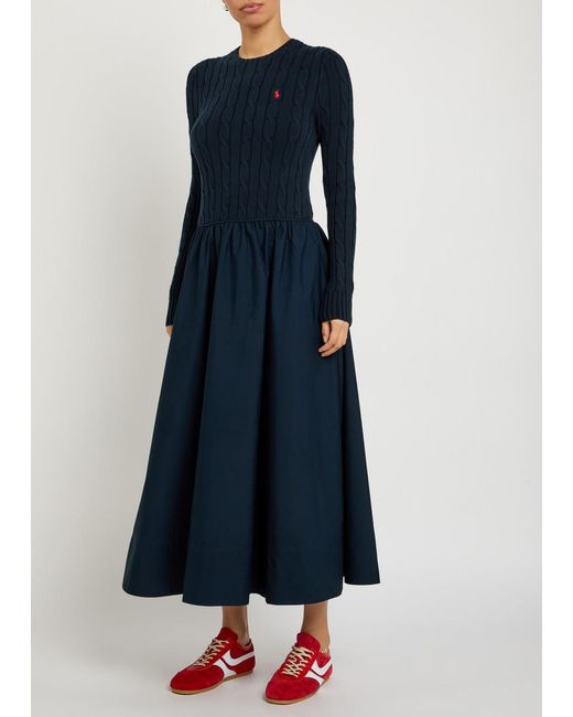 Polo Ralph Lauren Blue Logo Stretch-Cotton Midi-Dress