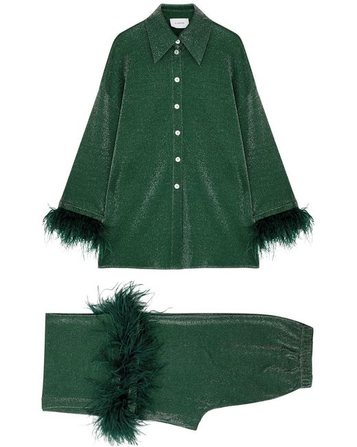 Sleeper Green Cosmos Feather-trimmed Metallic Pyjama Set