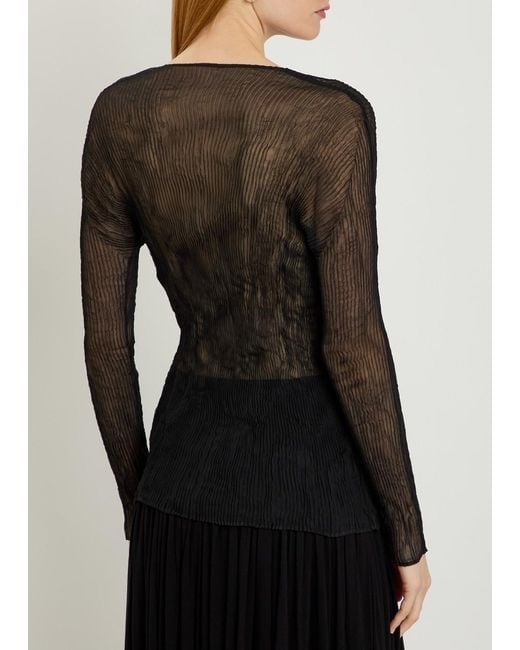 Issey Miyake Black Twist V-Neck Semi-Sheer Chiffon Top