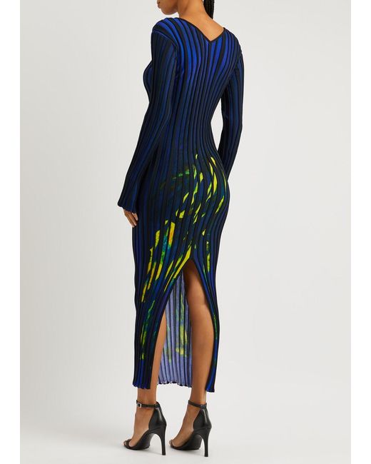 Louisa Ballou Blue Printed Ribbed Wool Maxi Dress