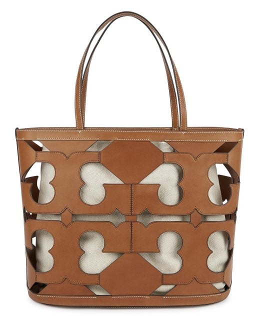 Tory Burch Brown Logo Cut-out Leather Tote | Lyst