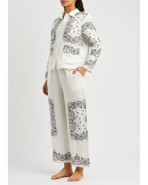 Desmond & Dempsey White Bandana-print Linen Pyjama Set