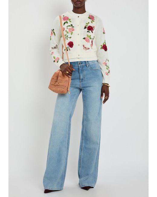 Alice + Olivia White Dollie Floral-Embroidered Knit Cardigan