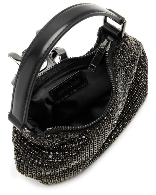Self-Portrait Black Crescent Bow Embellished Satin Top Handle Bag