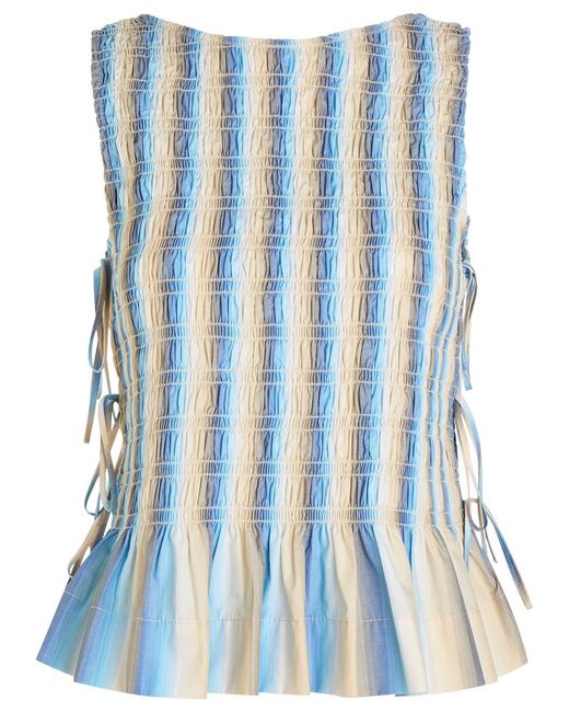 Ganni Blue Ombre Stripe Smocked Cotton-Poplin Top