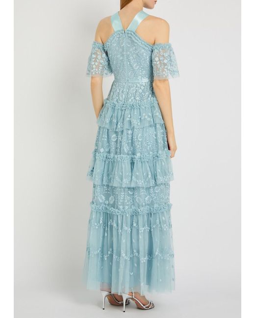 Needle & Thread Blue Primrose Floral-Embroidered Tulle Gown