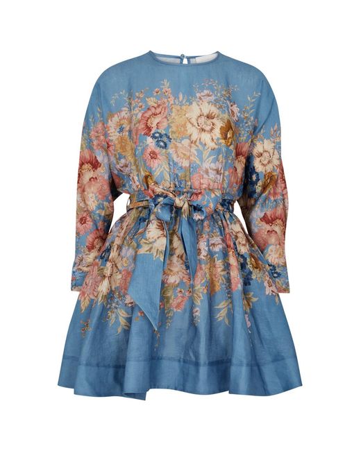 Zimmermann Blue August Floral-Print Linen Mini Dress