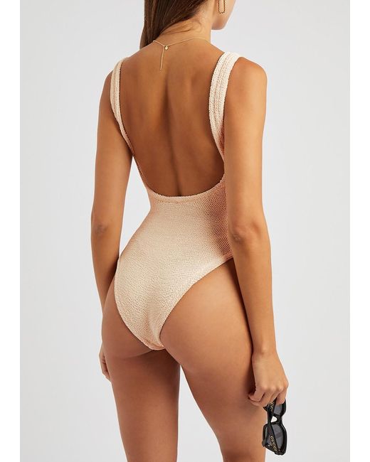 Hunza G Natural Domino Seersucker Swimsuit, Scoop-Neck, Hand Wash, Domino Swimsuit