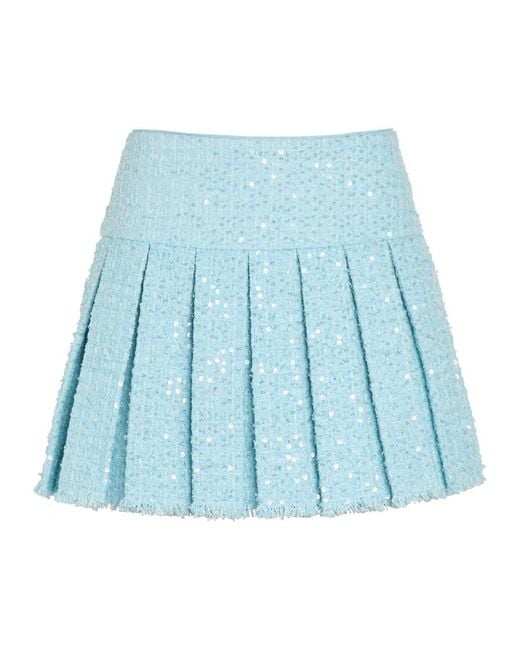 Alice + Olivia Blue Emilie Embellished Pleated Tweed Mini Skirt