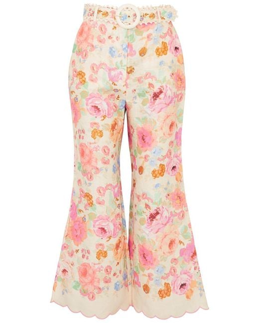 Zimmermann Pink Raie Floral-print Linen Trousers