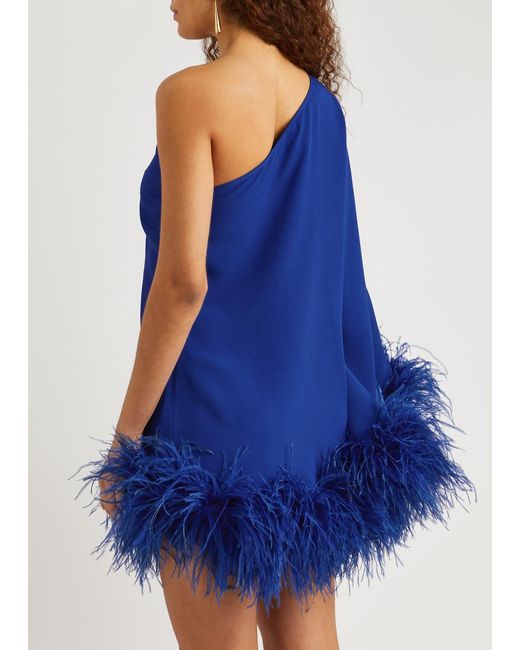 ‎Taller Marmo Blue Piccolo Ubud One-shoulder Feather-trimmed Mini Dress